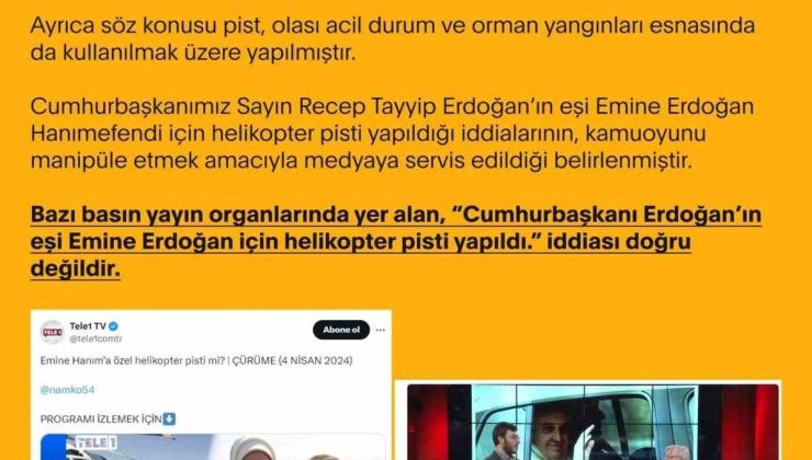 Dezenformasyonla Mücadele Merkezi: “’Cumhurbaşkanı Erdoğan’ın eşi Emine Erdoğan için helikopter pisti yapıldı’ iddiaları doğru değildir”