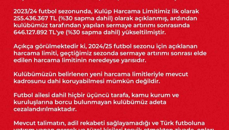 Samsunspor’dan harcama limitlerine ilişkin açıklama: “Adil değil”