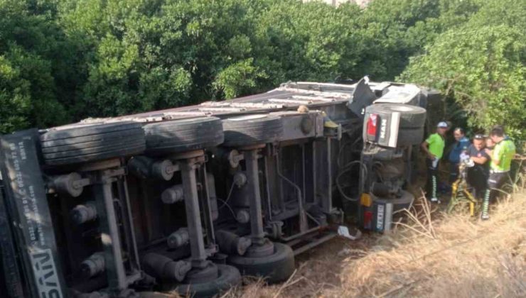 Sürücüsünün kontrolünü kaybettiği tır, karşı şeride geçip bahçeye devrildi