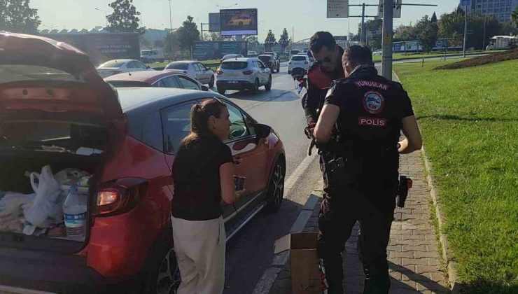 Bursa’da trafikte yavru kedi alarmı..Polisler 4 araca giren kediyi kurtardı