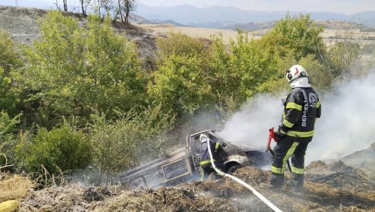 Şarampole devrilen kamyonet yangına neden oldu