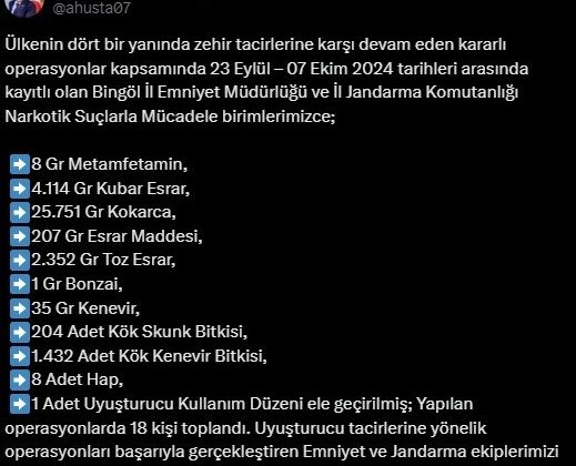 Bingöl’de son bir haftanın asayiş verileri açıklandı: 28 gözaltı, 2 tutuklama