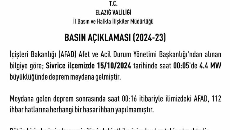 Elazığ Valiliği’nden deprem açıklaması: “Herhangi bir hasar ihbarı yapılmamıştır”