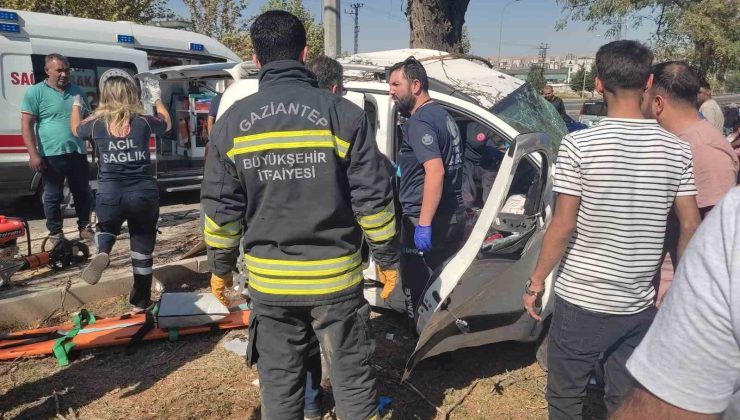 Gaziantep’te kontrolden çıkan araç ağaca çarparak durabildi: 2 yaralı