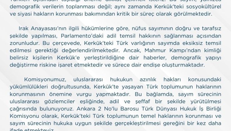 Ankara 2 No’lu Barosu’ndan Kerkük’te yapılacak nüfus sayımına ilişkin açıklama