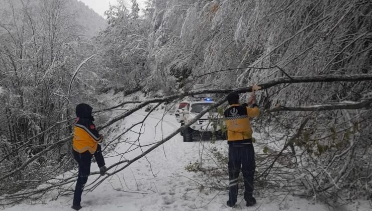 Kar sebebiyle mahsur kalan hasta paletli ambulansla hastaneye ulaştırıldı