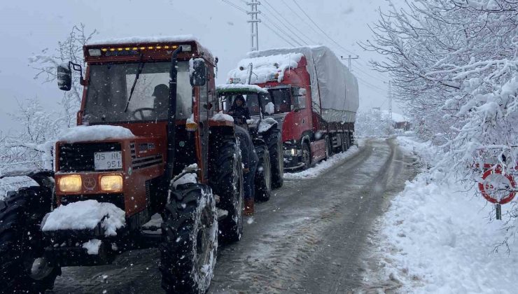 Ordu’da kar nedeniyle mahsur kalan saman yüklü tır kurtarıldı