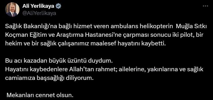 Bakanlar’dan helikopter kazasında vefat edenlere rahmet mesajı