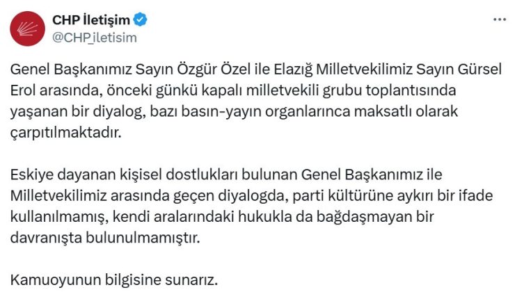 CHP’den, Genel Başkan Özel ve Elazığ Milletvekili Erol açıklaması