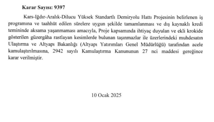 Kars-Iğdır-Nahçıvan Demiryolu projesinde acele kamulaştırma kararı