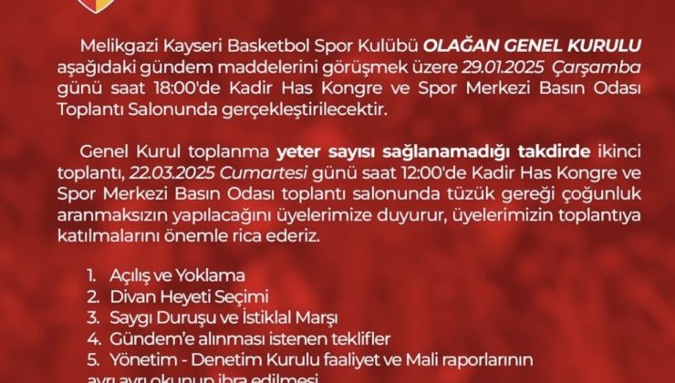 Melikgazi Kayseri Basketbol genel kurul yapılacak